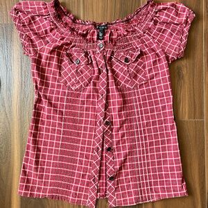 FANG Red Plaid Off-Shoulder Blouse
